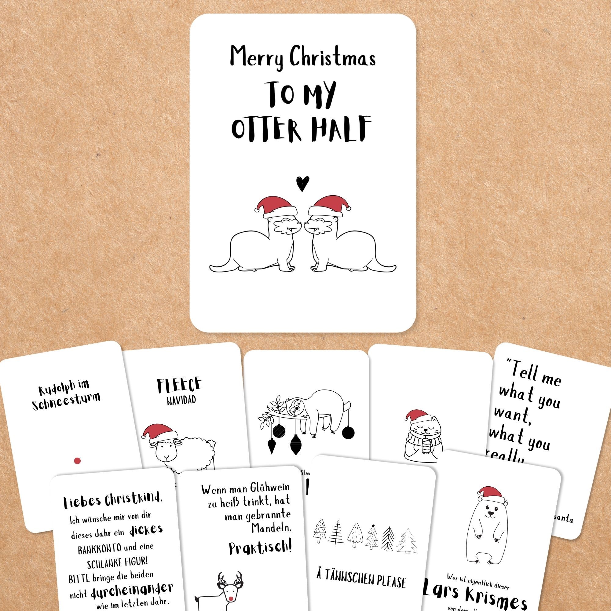 Set aus zehn humorvollen Weihnachtskarten mit Sprüchen wie „Merry Christmas to my otter half“ und minimalistischen Illustrationen. Perfekt zum Ausdrucken und Verschenken.