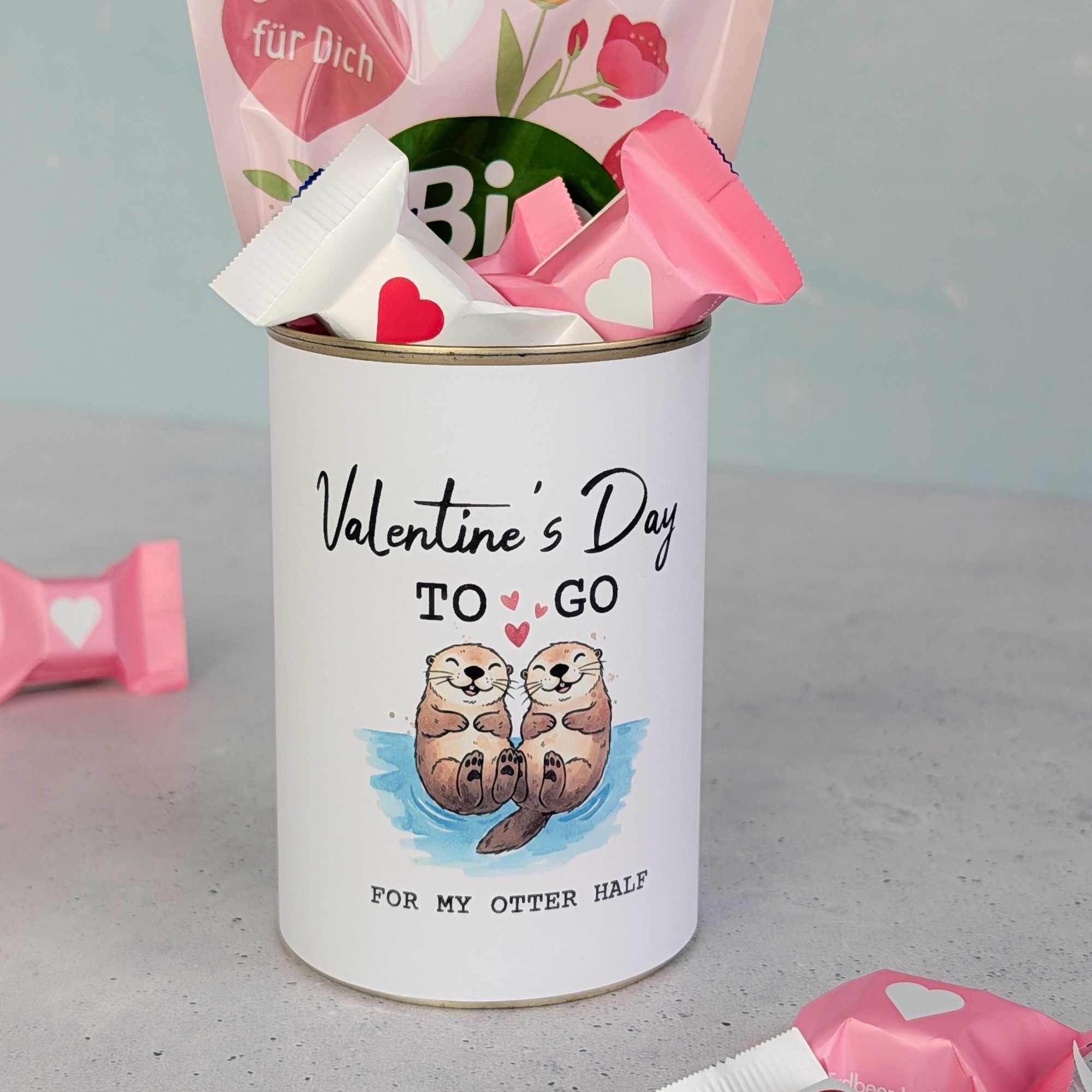 Valentinstag Dose Otter Valentinstag Geschenk: Banderole für Konservendose, auf der steht "Valentine's Day To Go for my otter half"