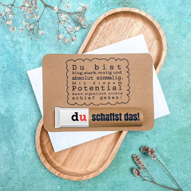 Du schaffst das-Karte mit Duplobanderole als Glücksbringer zur Prüfung