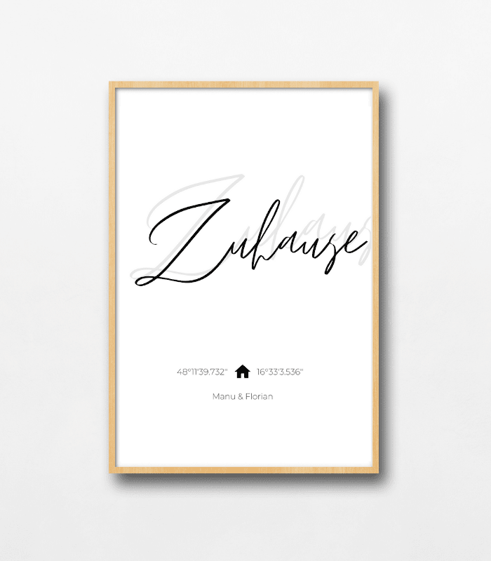 Zuhause Poster mit Koordinaten und Familiennamen.