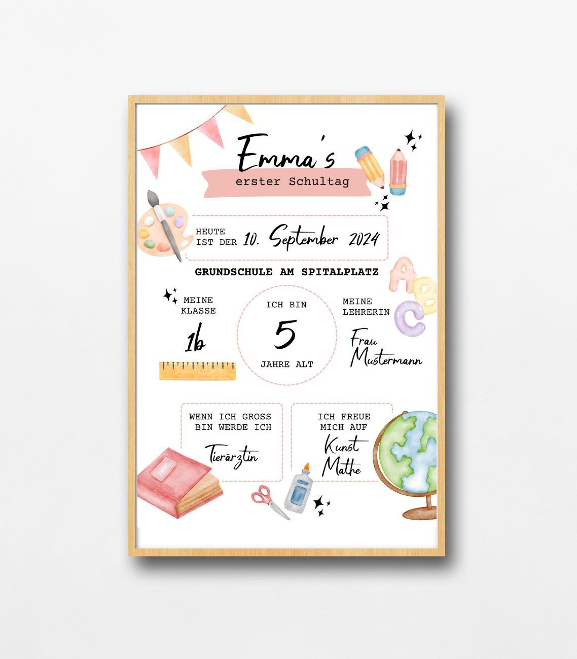 Erster Schultag Meilensteinposter mit personalisierbaren Texten Meilensteinposter als Einschulungsgeschenk für den Schulstart. Buntes Design mit dem Namen des Schulkinds als Titel des Poster.