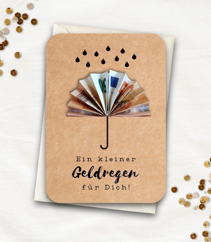 Geldgeschenk Karte mit einem Regenschirm aus einem 50€-Schein und dem Spruch "Ein kleiner Geldregen für dich"